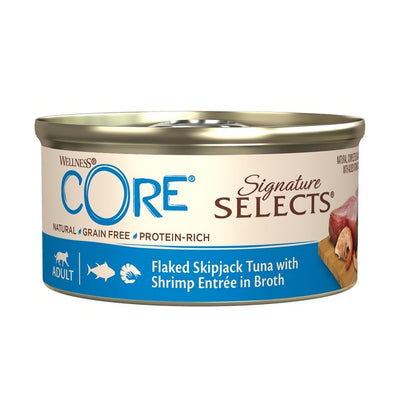 Wellness CORE Cat Wet Adult Signature Selects Flaked Skipjack Tuna with Shrimp Entree in Broth Recipe 79g