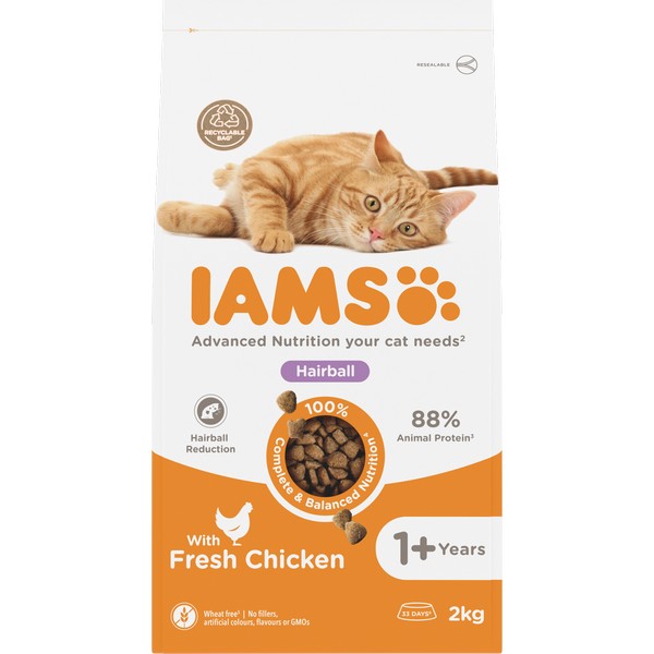 Iams Adult Cat Food Hairball Chicken 2kg