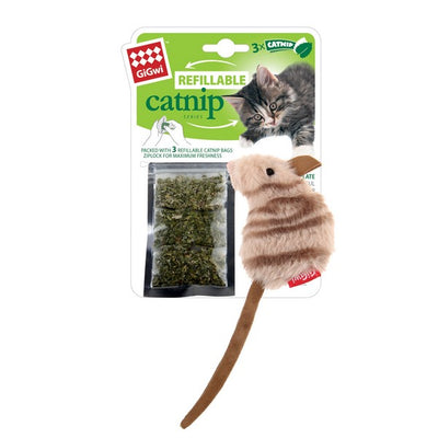 GiGwi Refillable Mouse Ziplock Cat Toy With x3 Catnip Bags Brown