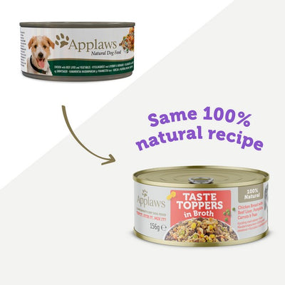 Applaws Taste Toppers Natural Wet Dog Food,Chicken Beef Liver,Pumpkin,Carrots&Peas in broth 156g tin