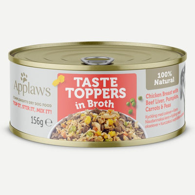 Applaws Taste Toppers Natural Wet Dog Food,Chicken Beef Liver,Pumpkin,Carrots&Peas in broth 156g tin