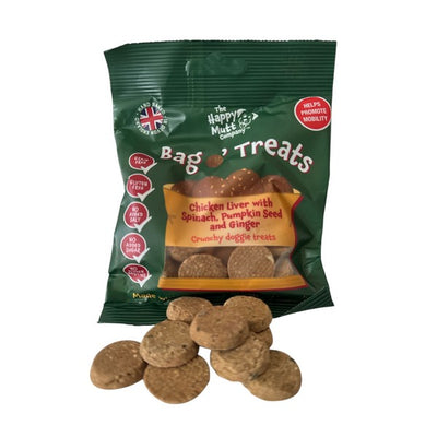 Happy Mutt Bag o Treats Chicken Liver with Spinach Pumpkin Seed and Ginger Crunchy doggie treats 85g