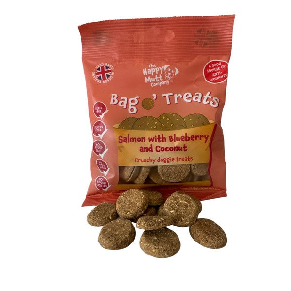 Happy Mutt Bag o Treats Salmon with Blueberry and Coconut Crunchy doggies treats 85g