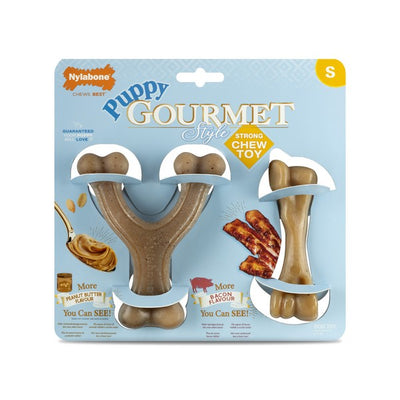 Nylabone Bacon Peanut Butter Puppy MAX Gourmet Femur and Wishbone Twin Pack Small