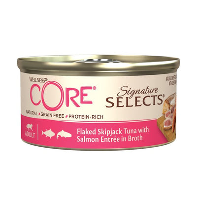 Wellness CORE Cat Wet Adult Signature Selects Flaked Skipjack Tuna with Salmon Entree in Broth Recipe 79g