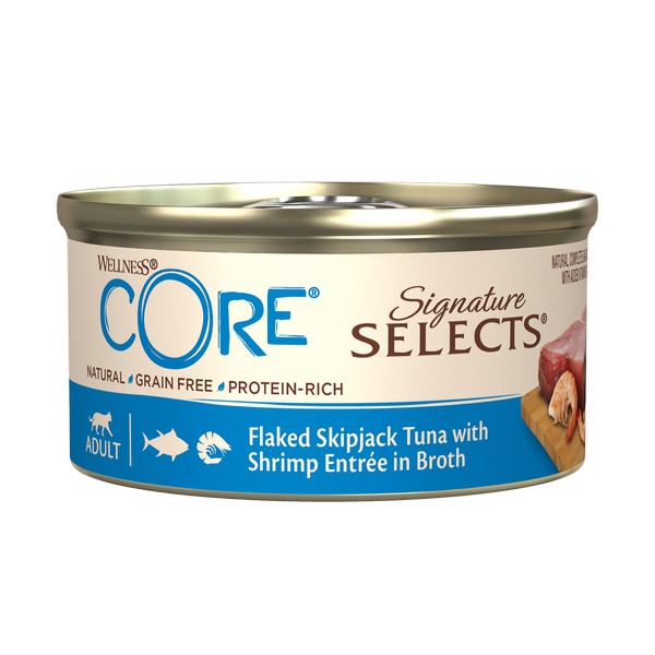 Wellness CORE Cat Wet Adult Signature Selects Flaked Skipjack Tuna with Shrimp Entree in Broth Recipe 79g