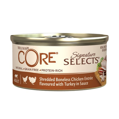 Wellness CORE Cat Wet Adult Signature Selects Shredded Boneless Chicken Entree with Turkey in Sauce Recipe 79g