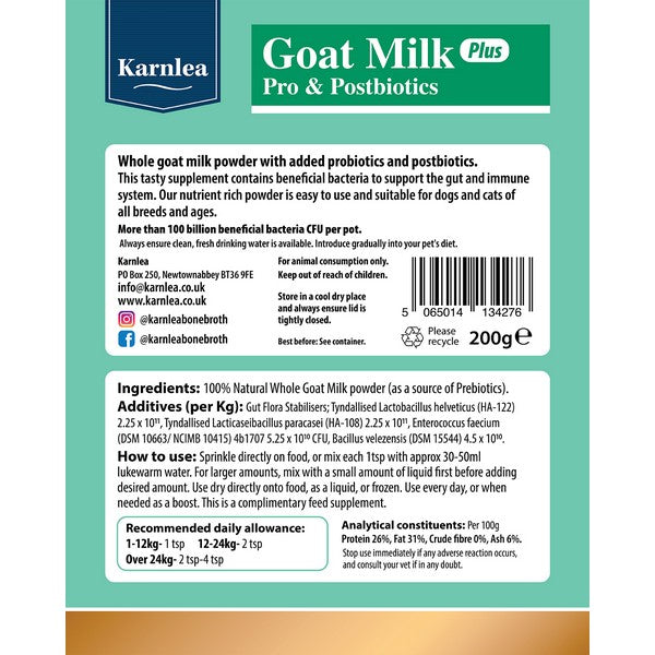 Karnlea Goat Milk Plus Powder Pro and Postbiotics for Dogs & Cats 200g